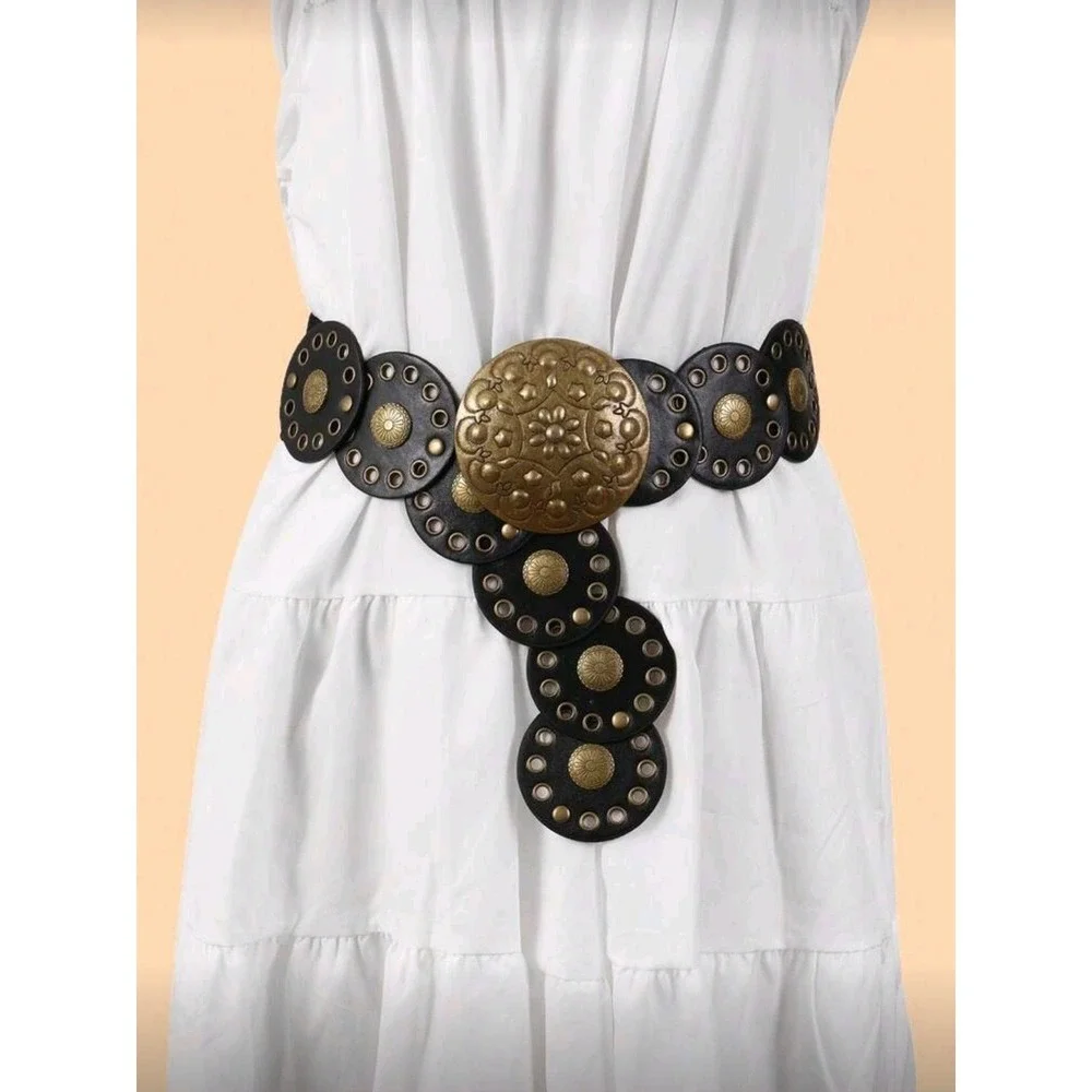 Womens Statement Belt -‎ Elastic Western Waist Belt with Antique Gold Buckle